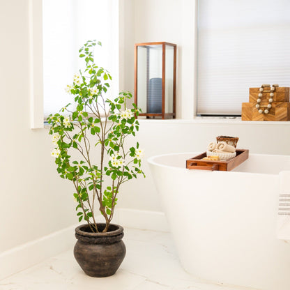 4' artificial dogwood tree in a dark brown pot with green leaves and white blossoms on Tampa Home & Garden Store