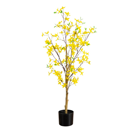 4' Artificial Forsythia Tree by Nearly Natural with yellow blossoms in a black pot on Tampa Home & Garden Store