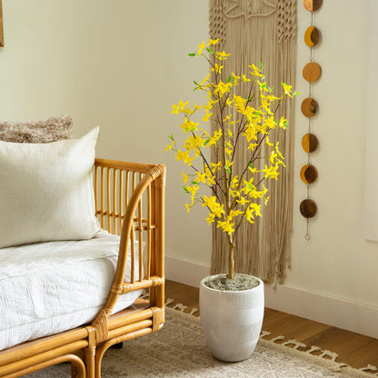 4' Artificial Forsythia Tree by Nearly Natural with bright yellow blooms in a white pot on Tampa Home & Garden Store