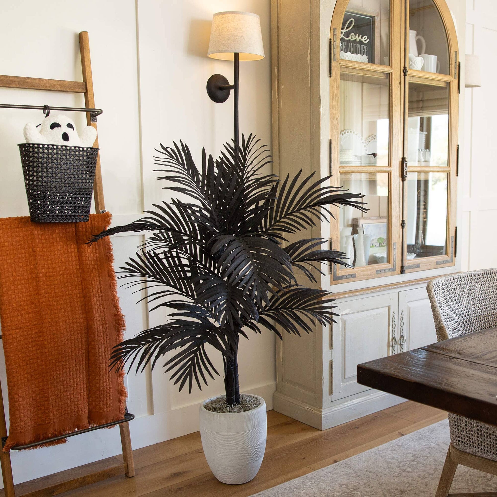 4' Artificial Halloween Black Golden Cane Tree Nearly Natural in a white textured planter for indoor decor on Tampa Home & Garden Store