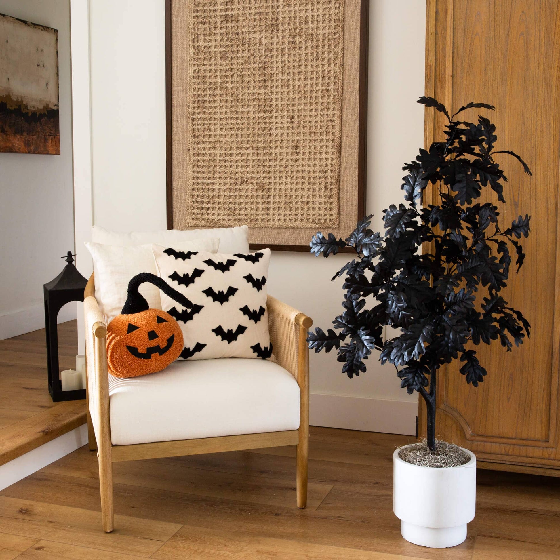 4' Artificial Halloween Black Oak Tree Nearly Natural in a white planter on hardwood floor on Tampa Home & Garden Store