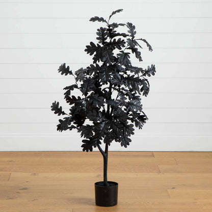 4' Artificial Halloween Black Oak Tree with dark lobed leaves in a black pot on Tampa Home & Garden Store