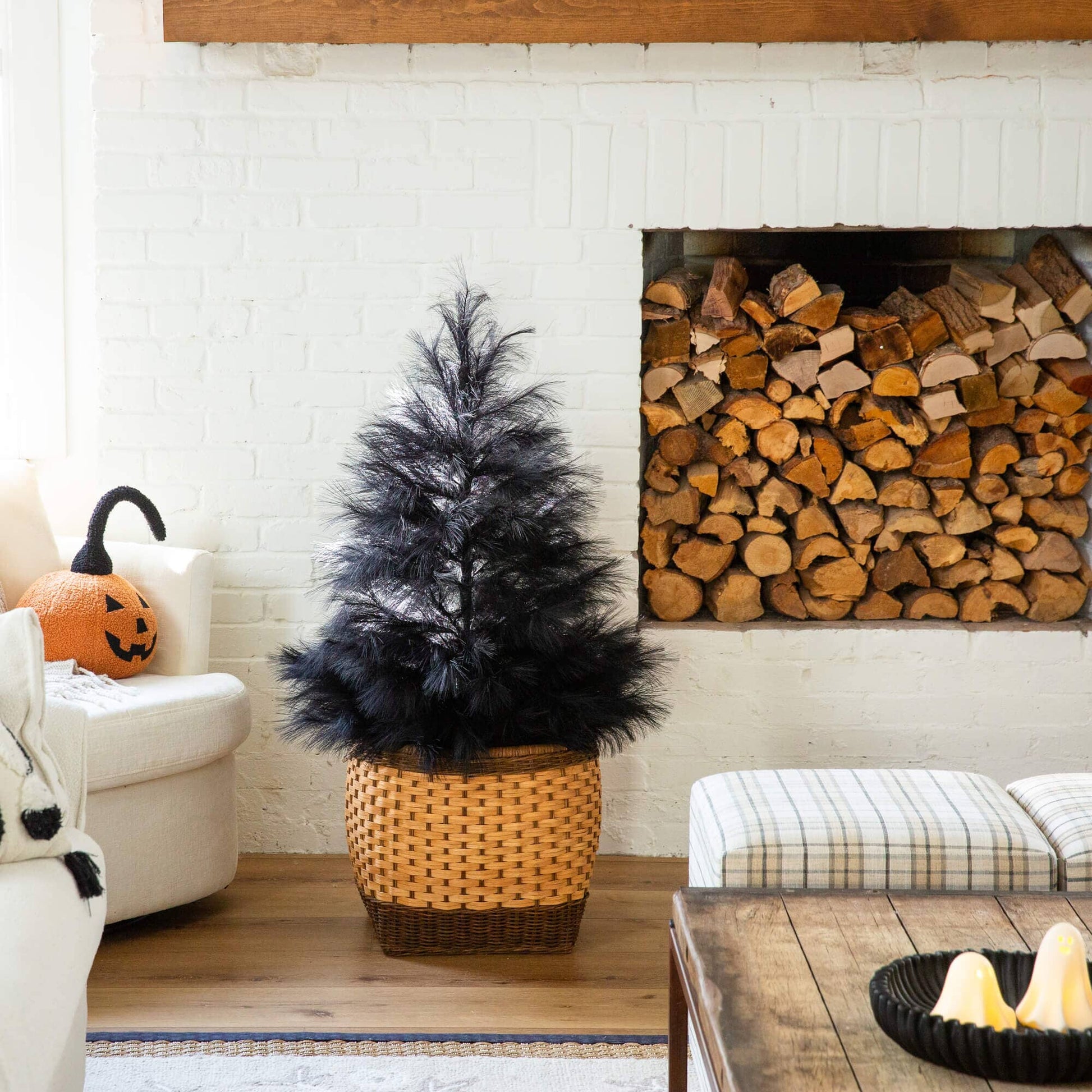 4' Artificial Halloween Black Pampas Grass Christmas Tree in a woven basket on Tampa Home & Garden Store