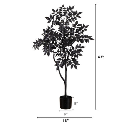 4 ft Nearly Natural artificial Halloween Black Sumac Tree with black leaves in a black pot on Tampa Home & Garden Store