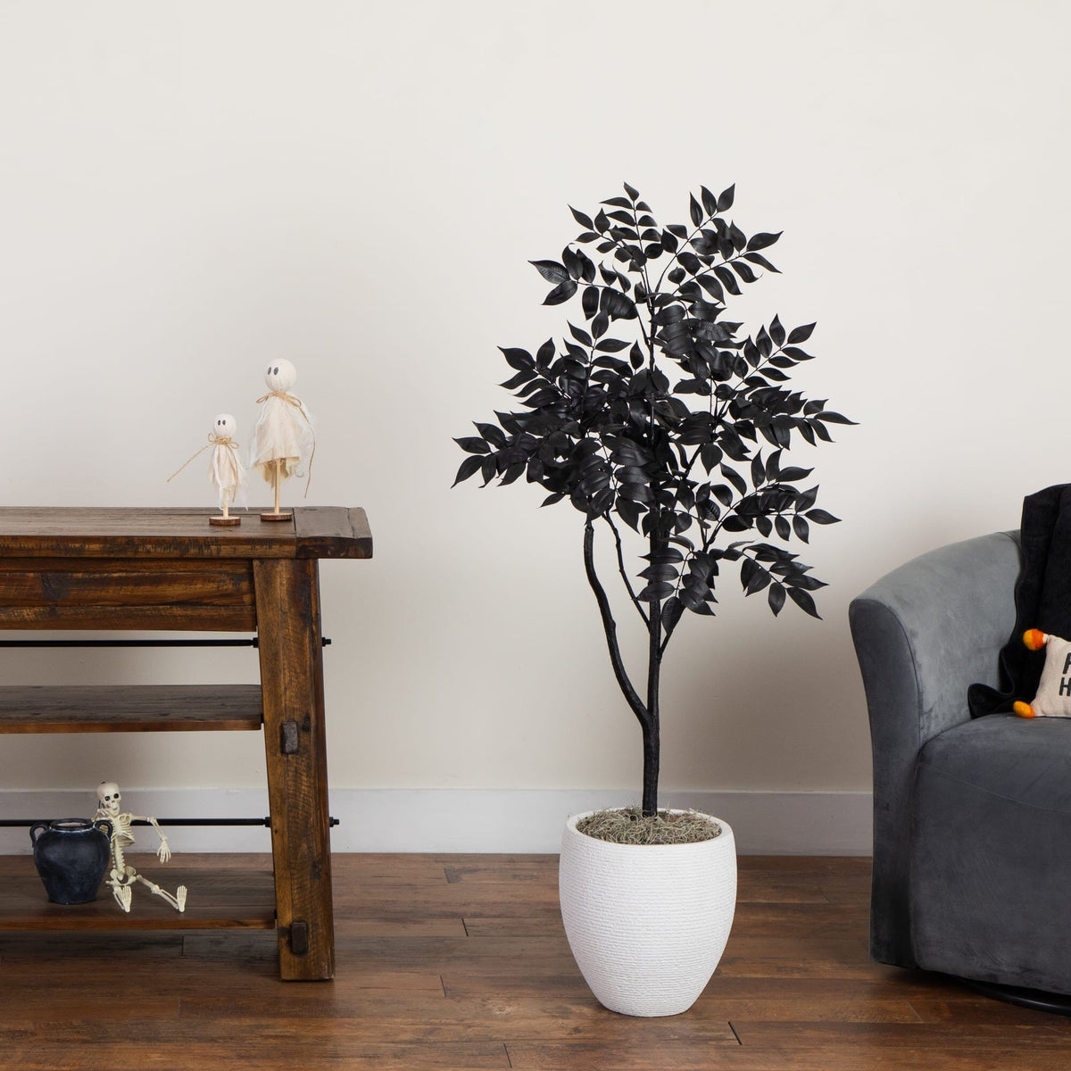4' Artificial Halloween Black Sumac Tree Nearly Natural with dark leaves in a living room scene on Tampa Home & Garden Store