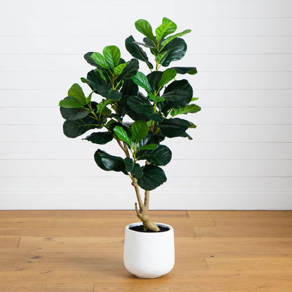 4 ft artificial fiddle leaf tree in decorative white planter by Nearly Natural on Tampa Home & Garden Store