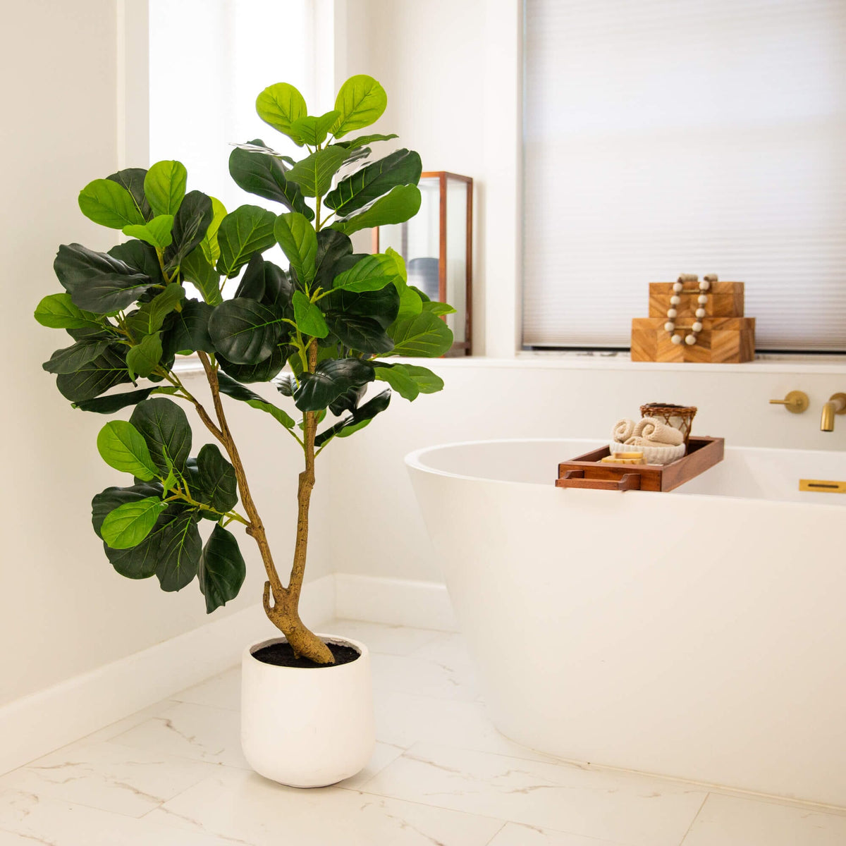 4' artificial fiddle leaf tree in decorative white planter by Nearly Natural with lush green foliage on Tampa Home & Garden Store