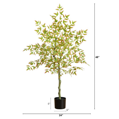 Nearly Natural 4 ft Autumn Nandina artificial tree green leaves with red edging in black planter on Tampa Home & Garden Store