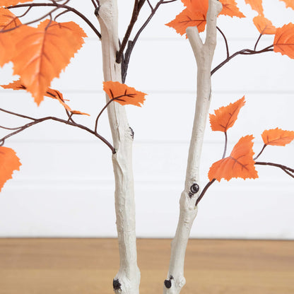 4ft Nearly Natural Autumn Paper Birch artificial tree with orange fall leaves, two-trunk design on Tampa Home & Garden Store