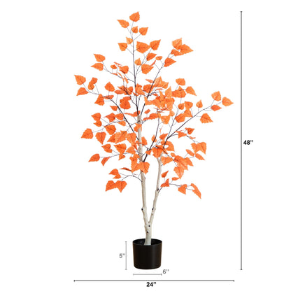 4 ft Autumn Paper Birch Artificial Fall Tree by Nearly Natural with orange leaves on Tampa Home & Garden Store