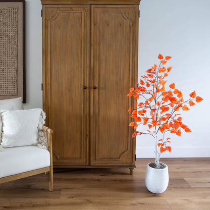 4' Autumn Paper Birch artificial tree Nearly Natural orange leaves in white pot beside armoire on Tampa Home & Garden Store