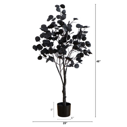 4ft prelit black eucalyptus Halloween tree by Nearly Natural with orange-purple LEDs in pot on Tampa Home & Garden Store