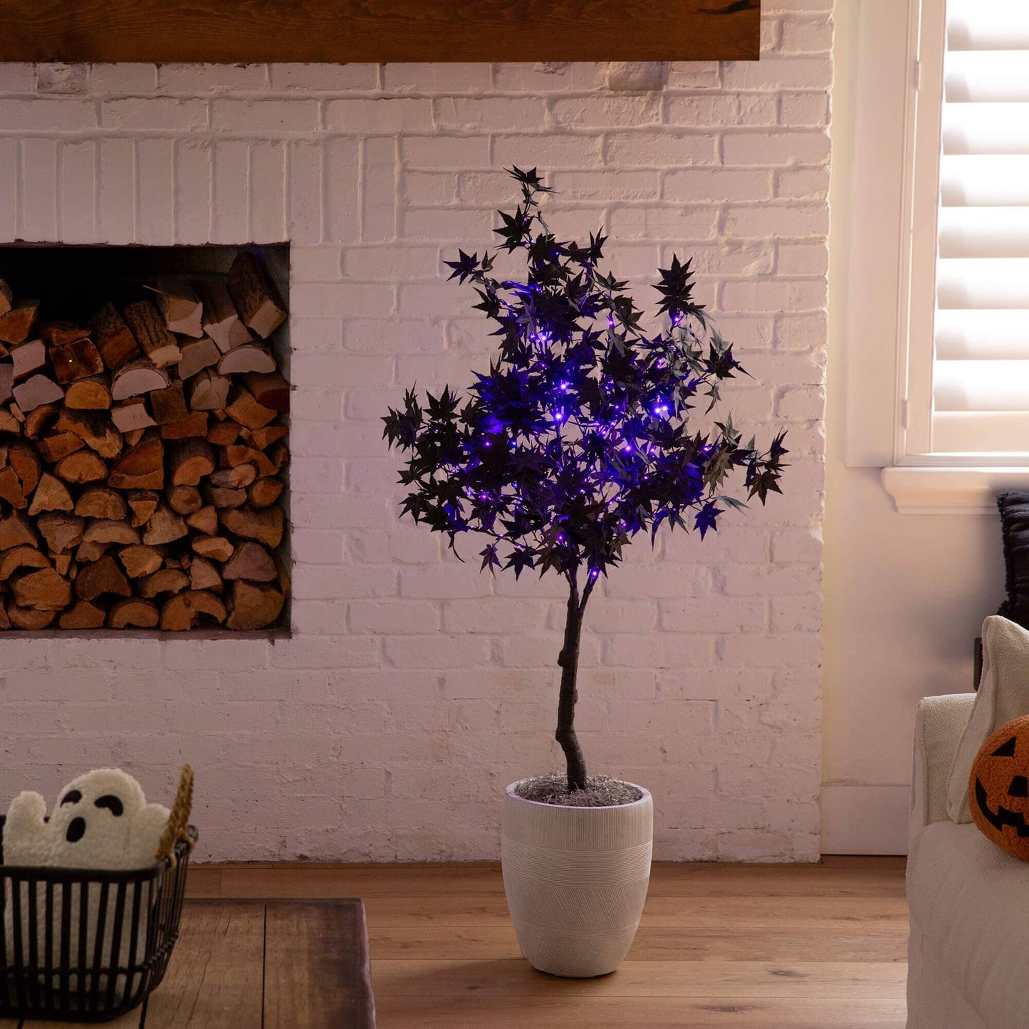 4ft pre-lit Halloween Black Maple Tree with orange and purple LEDs by Nearly Natural in pot on Tampa Home & Garden Store
