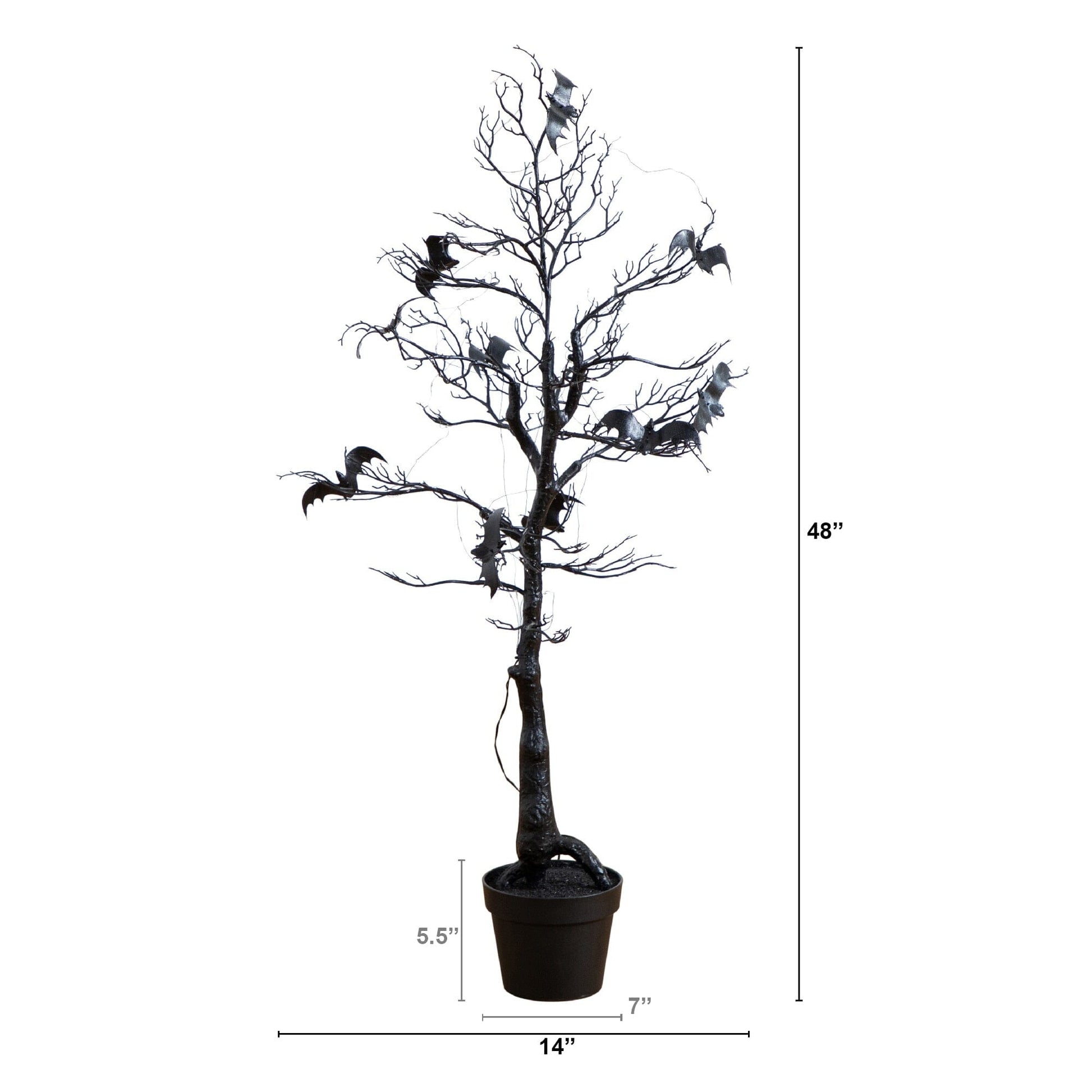 Nearly Natural 4 ft black Halloween twig tree with bats and orange and purple LEDs in pot on Tampa Home & Garden Store
