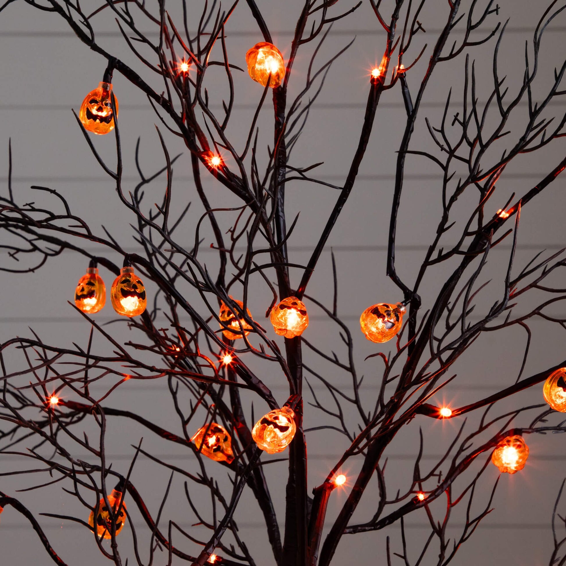 4 ft pre-lit artificial Halloween black twig tree with 24 orange pumpkin-shaped LED lights on Tampa Home & Garden Store