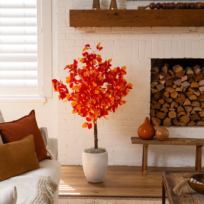 4ft Pre-Lit Autumn Artificial Fall Tree with 160 warm white LEDs, Nearly Natural orange-red leaves in a white planter on Tampa Home & Garden Store