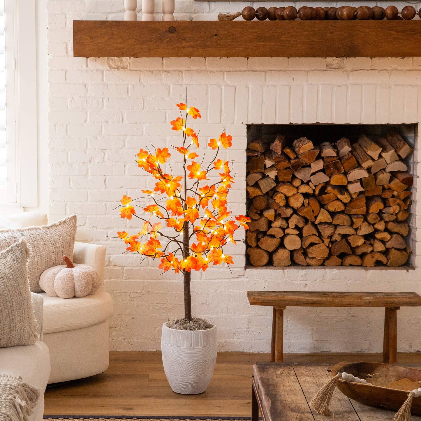4' Pre-Lit Autumn Maple Artificial Tree with 56 warm white LEDs in a textured white planter on Tampa Home & Garden Store