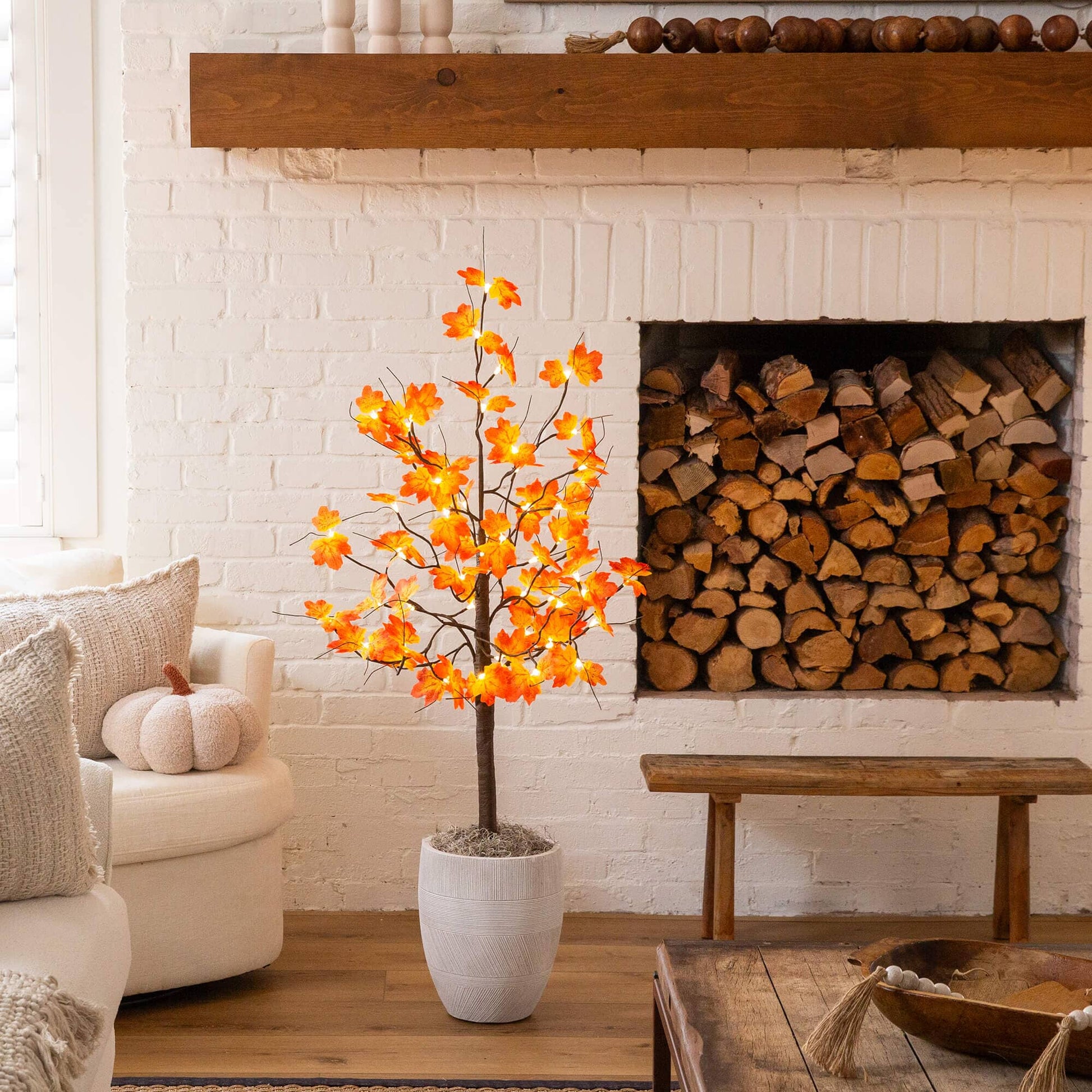 4' Pre-Lit Autumn Maple Artificial Tree with 56 warm white LEDs in a textured white planter on Tampa Home & Garden Store