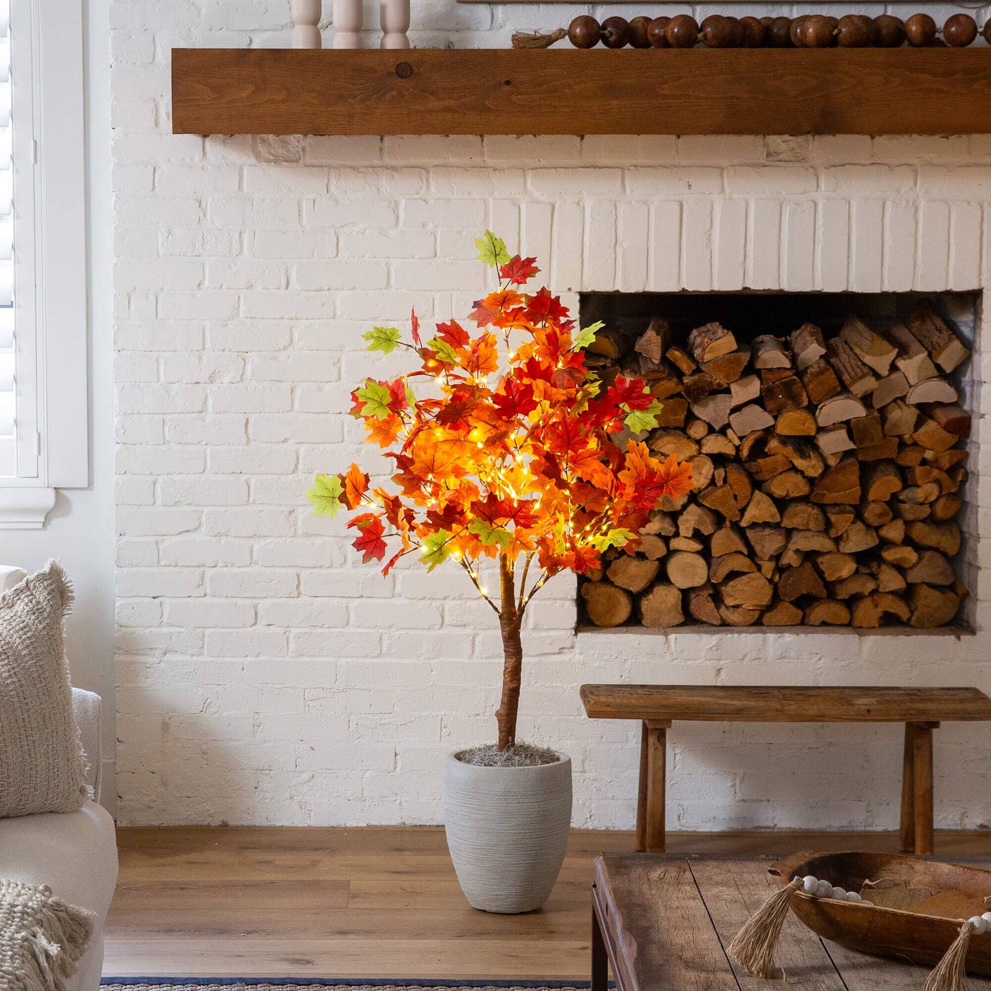 Tree Nearly Natural 4 ft pre-lit Shades of Autumn Maple with LEDs in gray planter on Tampa Home & Garden Store