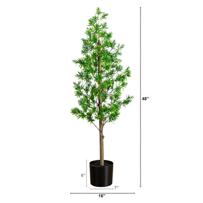 4 ft UV Podocarpus artificial tree by Nearly Natural in a black planter for indoor/outdoor use on Tampa Home & Garden Store