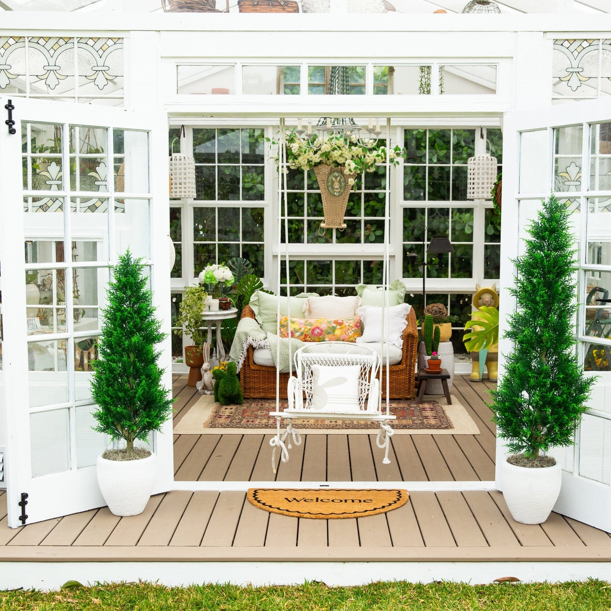 4' UV resistant Cypress Tower Tree Nearly Natural indoor outdoor two faux trees in white pots on Tampa Home & Garden Store