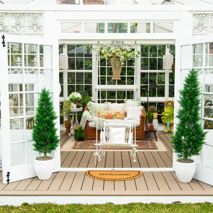 4' UV resistant Cypress Tower Tree Nearly Natural indoor outdoor two faux trees in white pots on Tampa Home & Garden Store