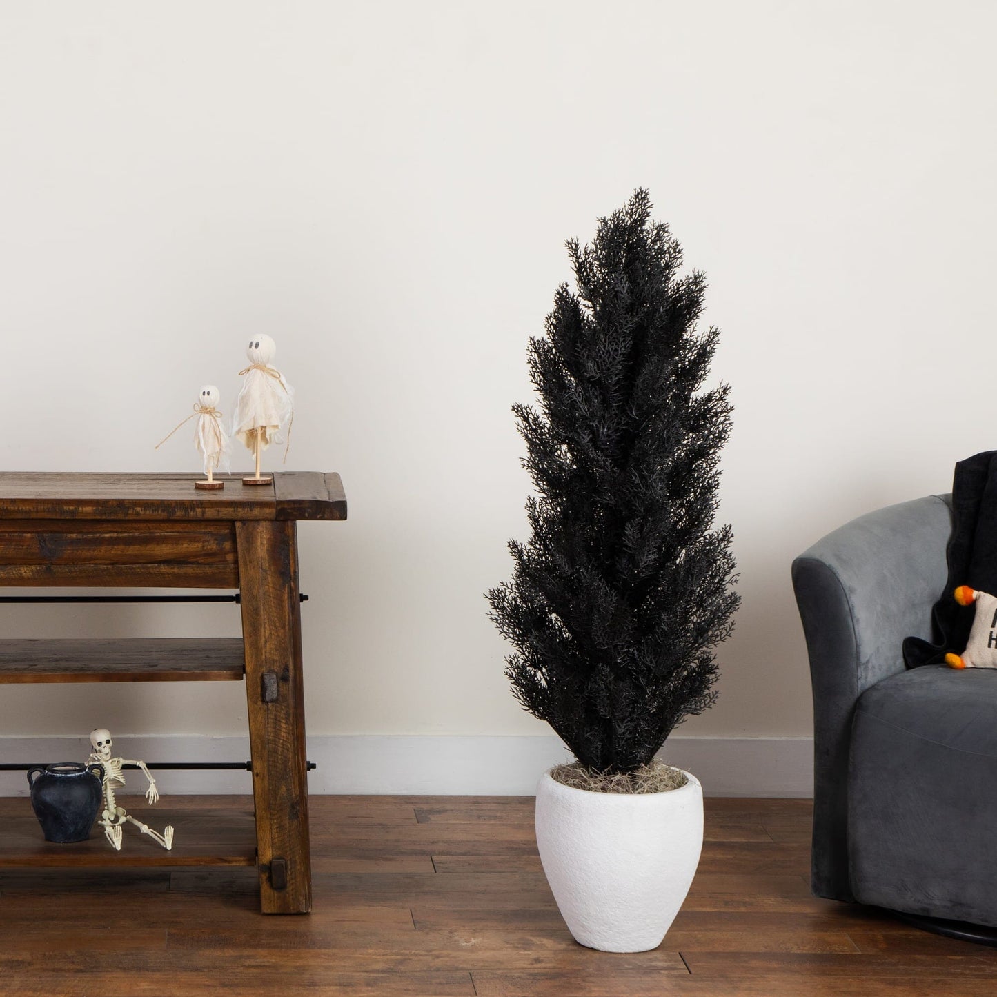 4' UV resistant artificial Halloween Black Cedar tree indoors by Nearly Natural in a white pot on Tampa Home & Garden Store