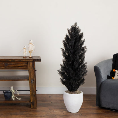 4' UV resistant artificial Halloween Black Cedar tree indoors by Nearly Natural in a white pot on Tampa Home & Garden Store