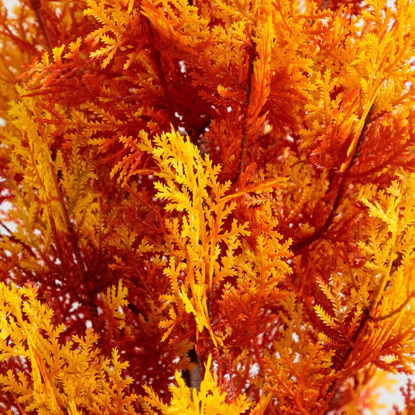 4 ft UV resistant autumn cedar artificial tree foliage closeup in orange yellow indoor outdoor on Tampa Home & Garden Store