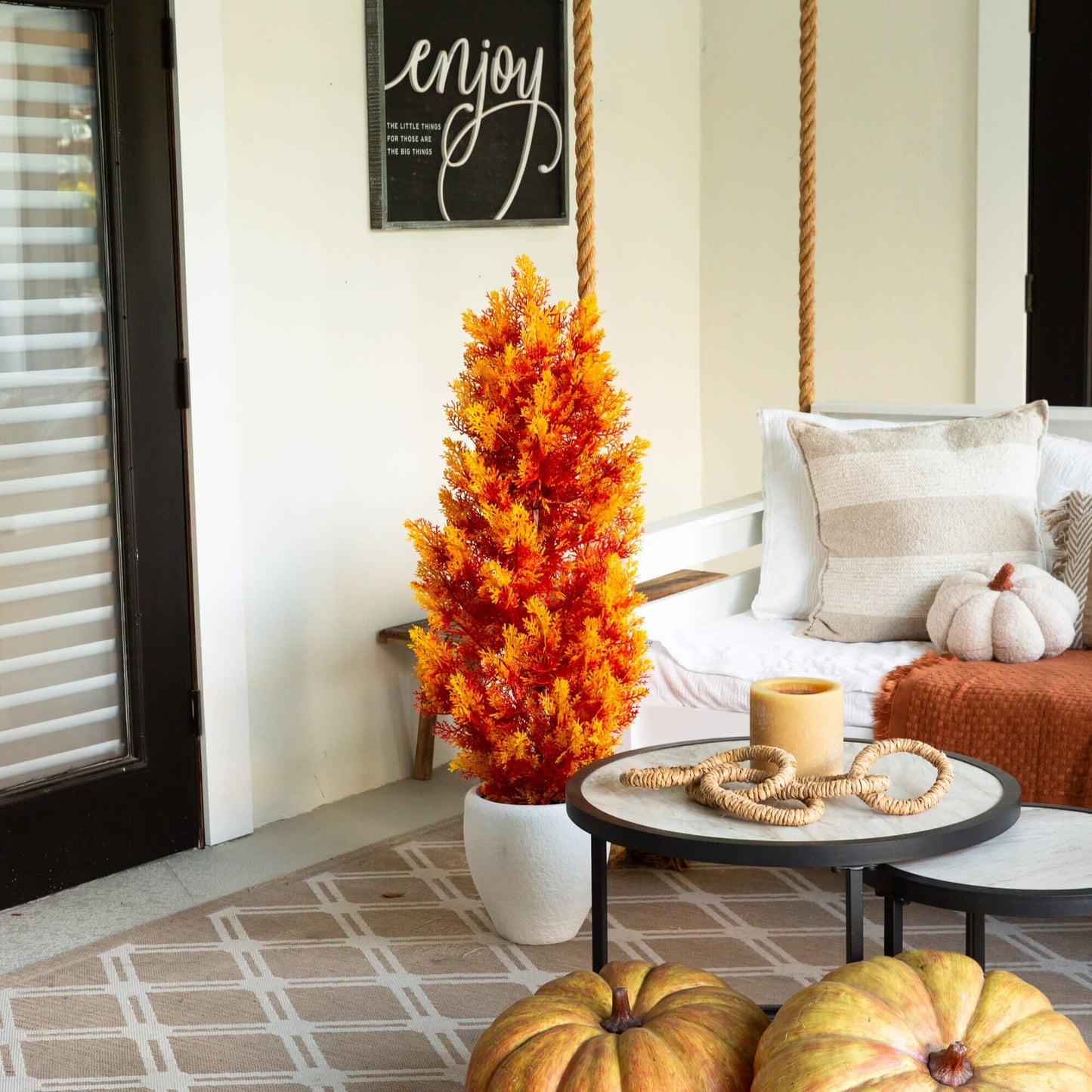 4' UV-Resistant Autumn Cedar Artificial Tree for indoor/outdoor use in vivid orange tones on Tampa Home & Garden Store