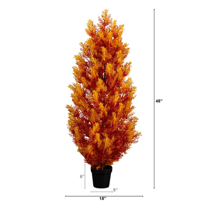 4' UV-Resistant Autumn Cedar Artificial Tree orange foliage black pot indoor outdoor on Tampa Home & Garden Store