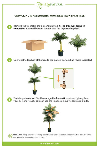 4’ Golden Cane Palm Tree from Nearly Natural unpacking guide with box, top and bottom halves on Tampa Home & Garden Store