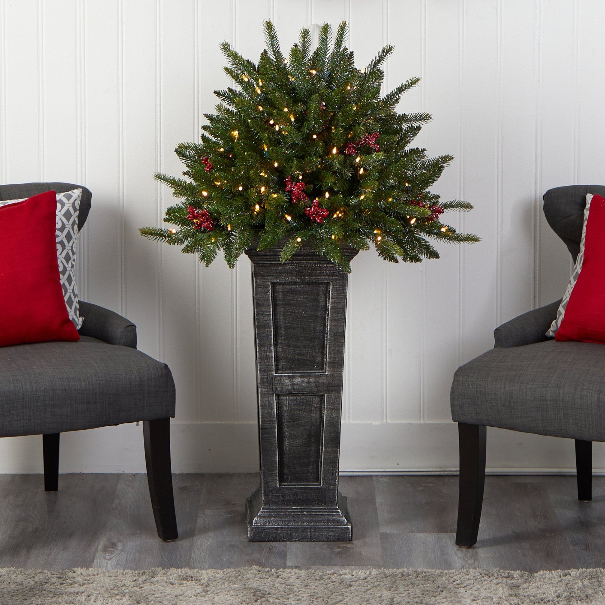 Nearly Natural 4 ft glittered pre-lit Christmas tree on black pedestal with multicolor LEDs and red berry accents on Tampa Home & Garden Store