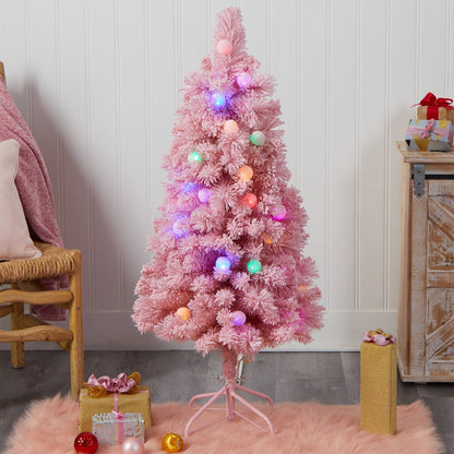 Árbol de Navidad rosado esmerilado de cachemira de 1,22 m con 30 luces LED globo multicolor gigantes