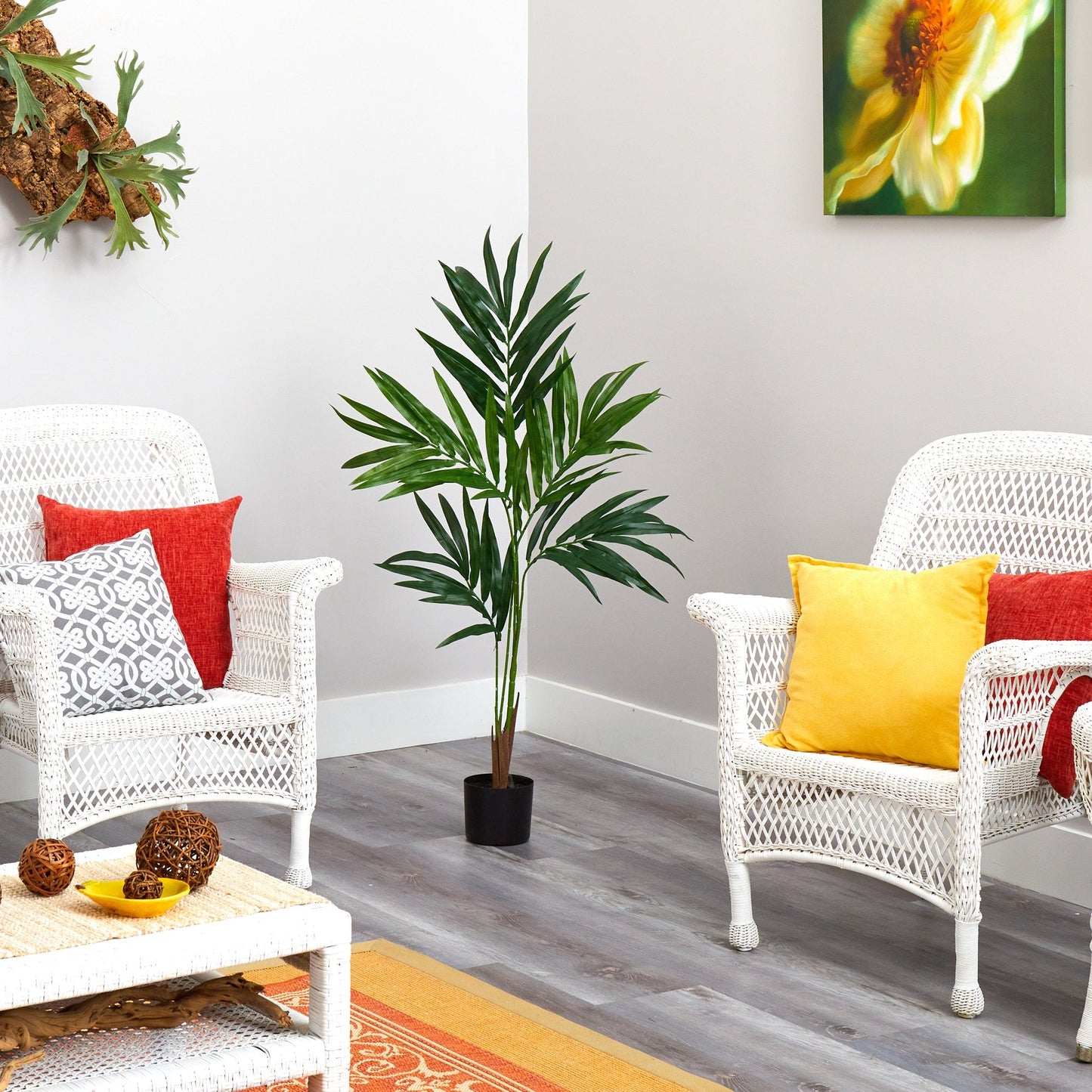 4 ft Kentia Artificial Palm Tree by Nearly Natural in a black pot with green fronds on Tampa Home & Garden Store