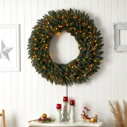 Nearly Natural 4' Large Flocked Wreath with pinecones, berries and 150 clear LED lights on Tampa Home & Garden Store