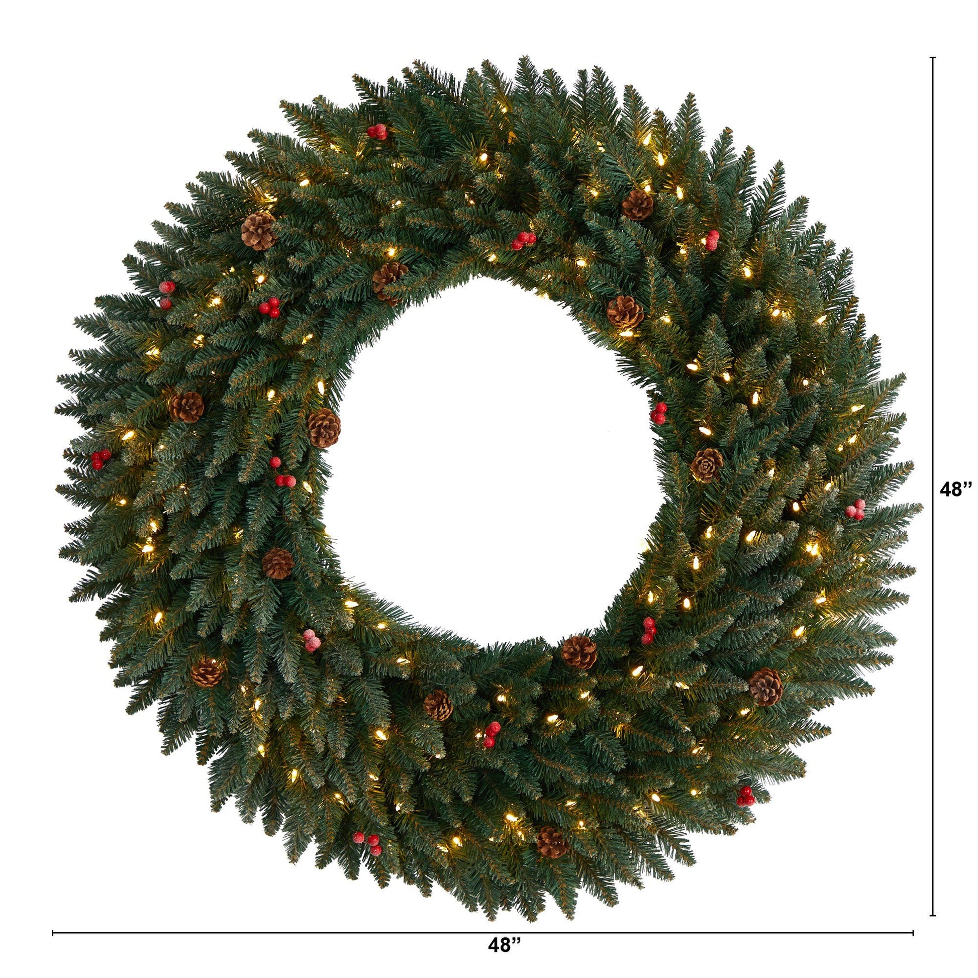 Wreath Nearly Natural 4 ft flocked evergreen with pinecones, red berries, 150 LED lights and bendable branches on Tampa Home & Garden Store