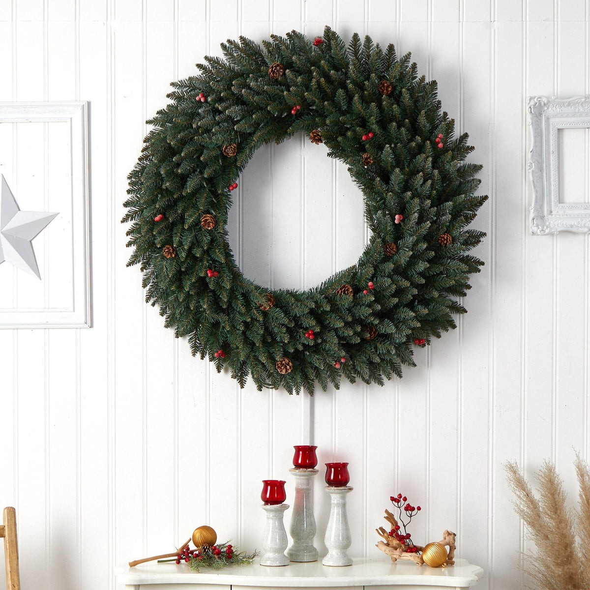 Wreath by Nearly Natural, 4’ large flocked evergreen with pinecones and red berries on Tampa Home & Garden Store