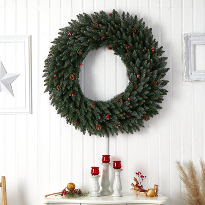 Wreath by Nearly Natural, 4’ large flocked evergreen with pinecones and red berries on Tampa Home & Garden Store