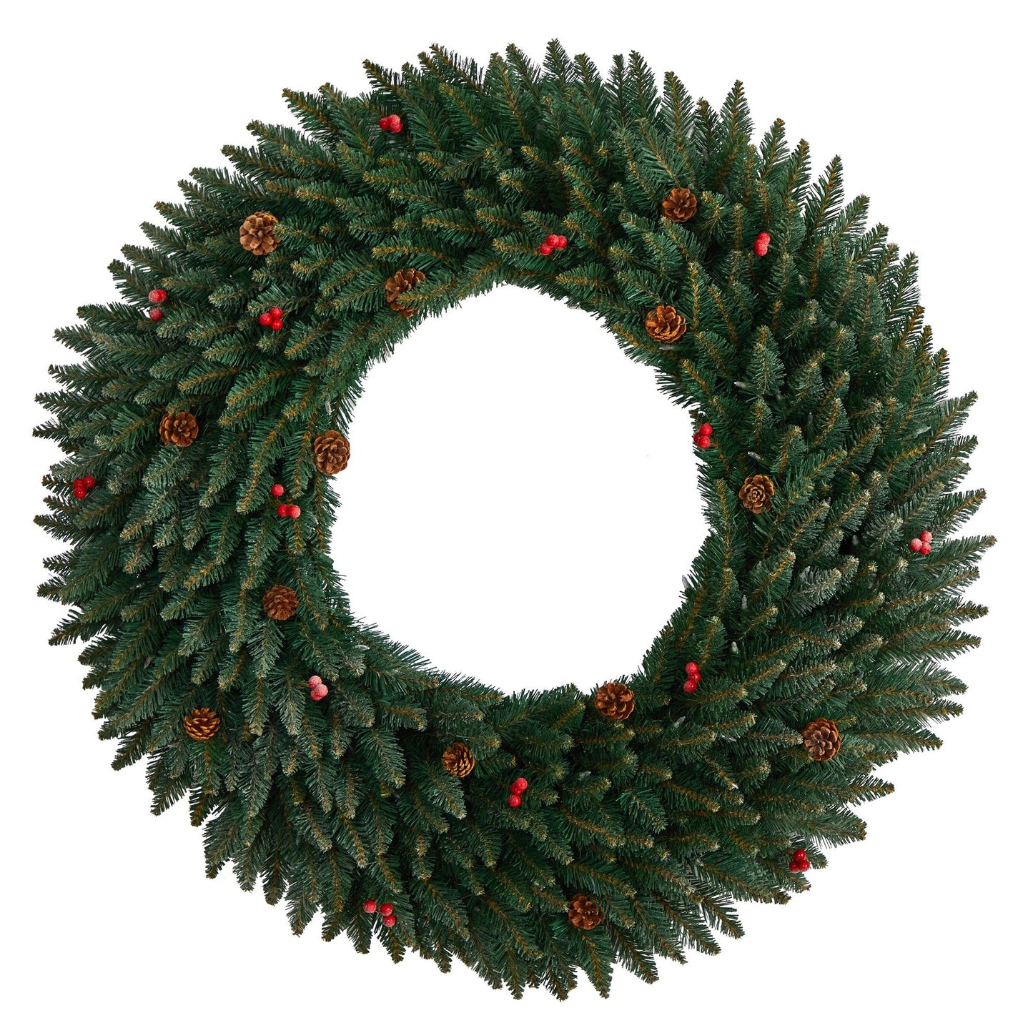 4 ft Large Flocked Wreath with Pinecones and Red Berries by Nearly Natural on Tampa Home & Garden Store