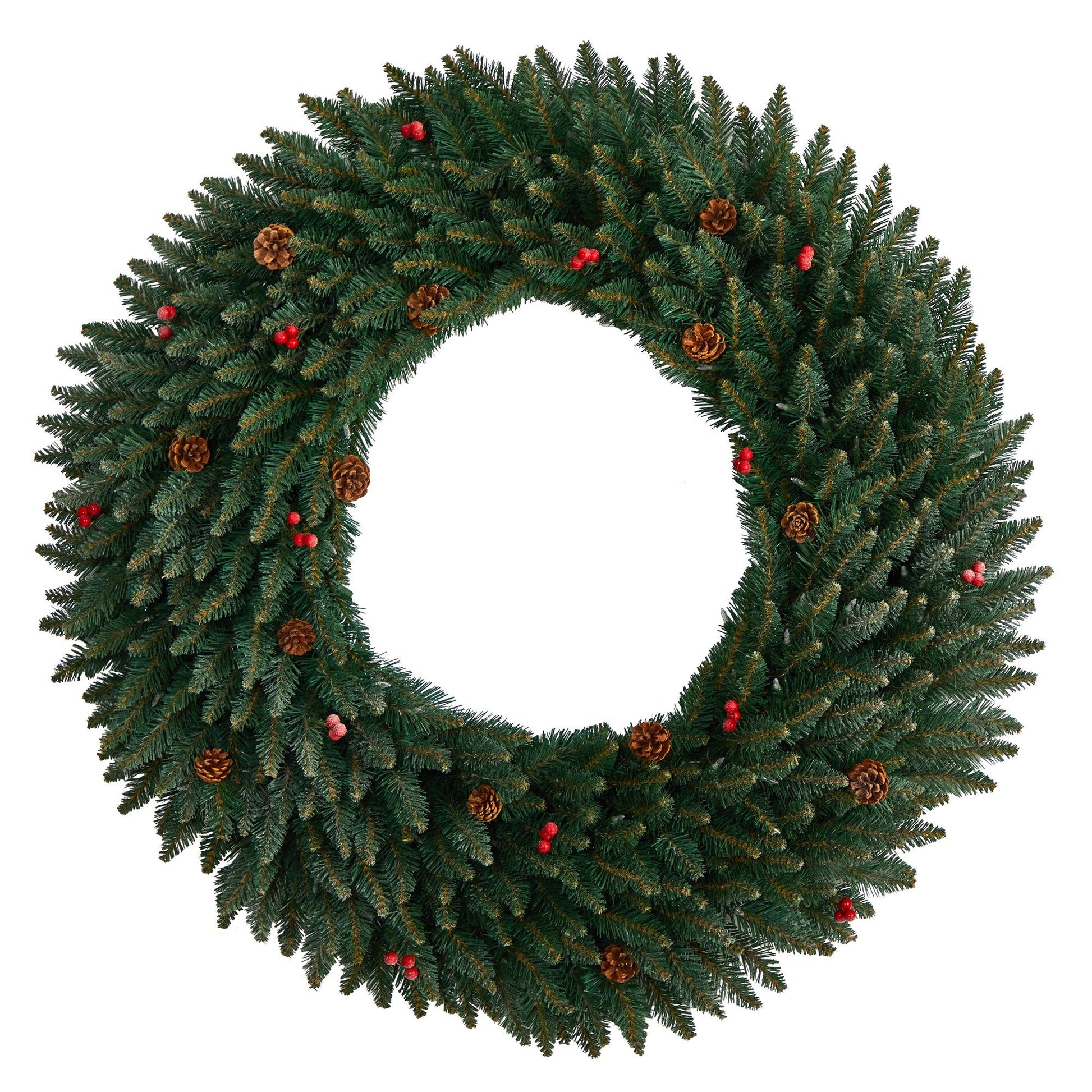 4 ft Large Flocked Wreath with Pinecones and Red Berries by Nearly Natural on Tampa Home & Garden Store