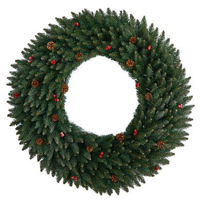 4 ft Large Flocked Wreath with Pinecones and Red Berries by Nearly Natural on Tampa Home & Garden Store