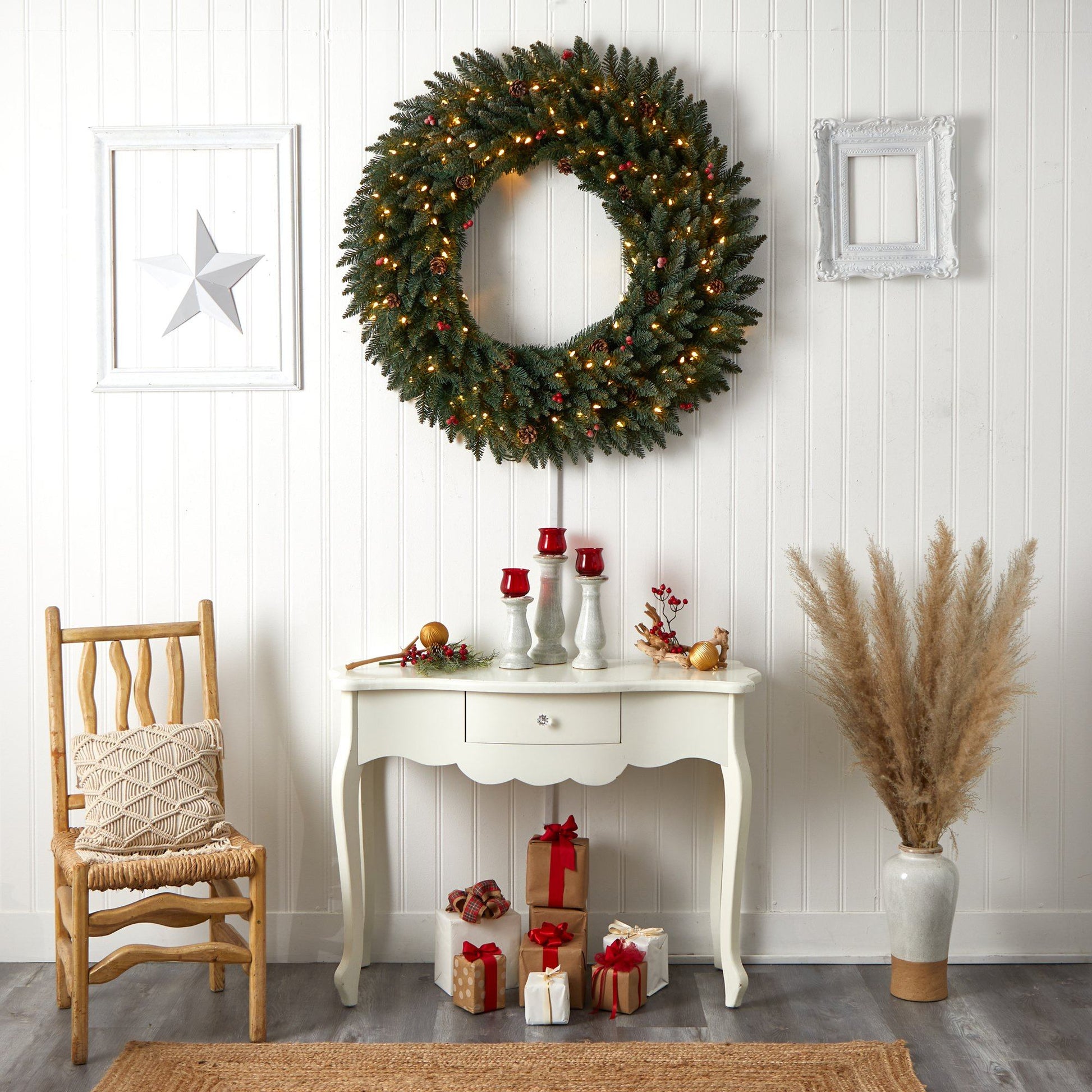 Wreath: 4’ Large Flocked Wreath with Pinecones, Berries and 150 LED Lights 400 Bendable Branches on Tampa Home & Garden Store