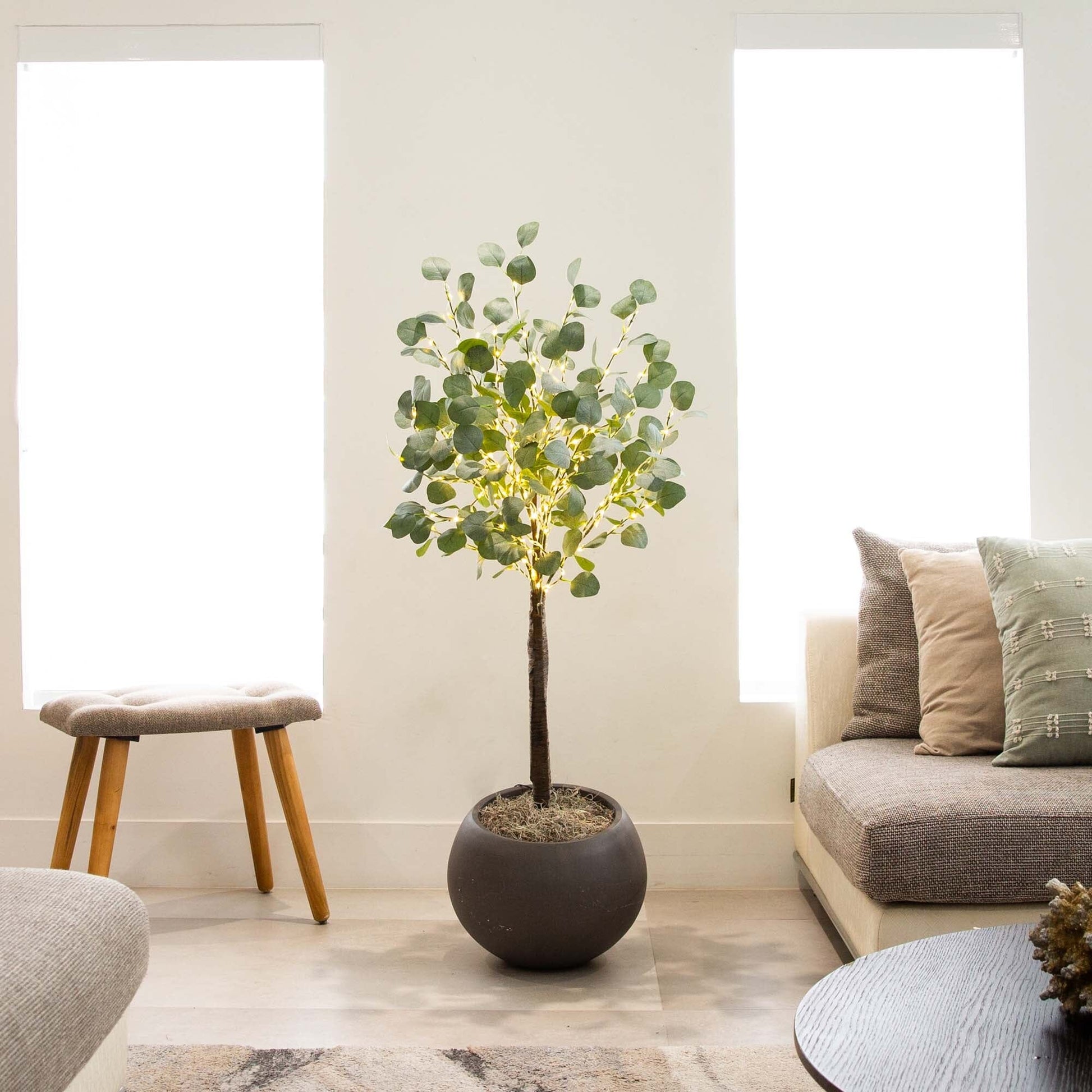 4 ft lighted artificial eucalyptus tree with 240 warm white LEDs in a black planter on Tampa Home & Garden Store
