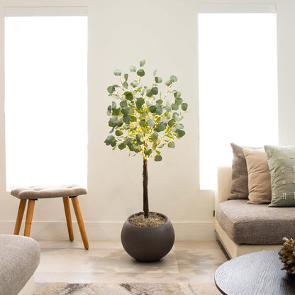 4 ft lighted artificial eucalyptus tree with 240 warm white LEDs in a black planter on Tampa Home & Garden Store