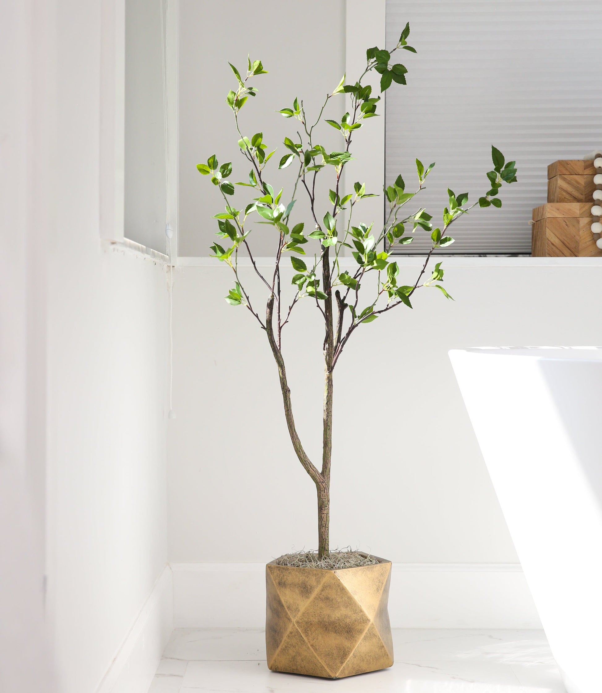 4' Minimalist Citrus Artificial Tree by Nearly Natural with green leaves in a gold planter on Tampa Home & Garden Store