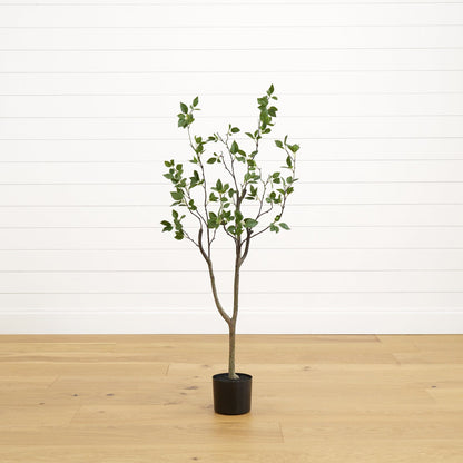 4' Minimalist Citrus Artificial Tree by Nearly Natural with green leaves in a black pot on Tampa Home & Garden Store