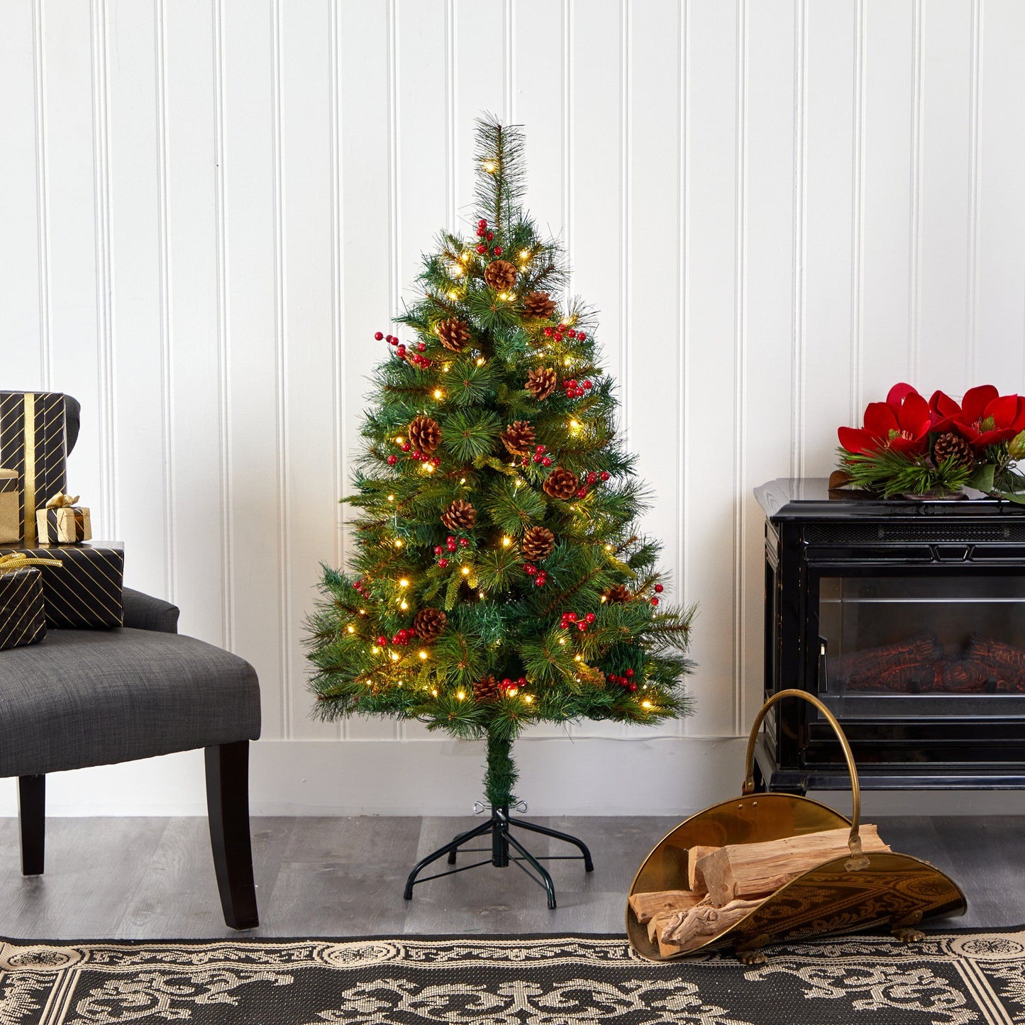 4 ft Nearly Natural Pine artificial Christmas tree with 100 LED lights, pine cones and berries on Tampa Home & Garden Store