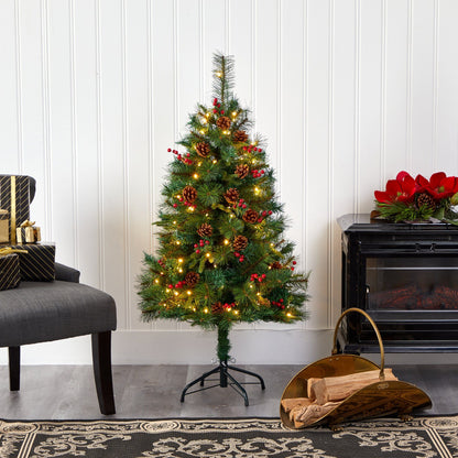 4 ft Nearly Natural Pine artificial Christmas tree with 100 LED lights, pine cones and berries on Tampa Home & Garden Store