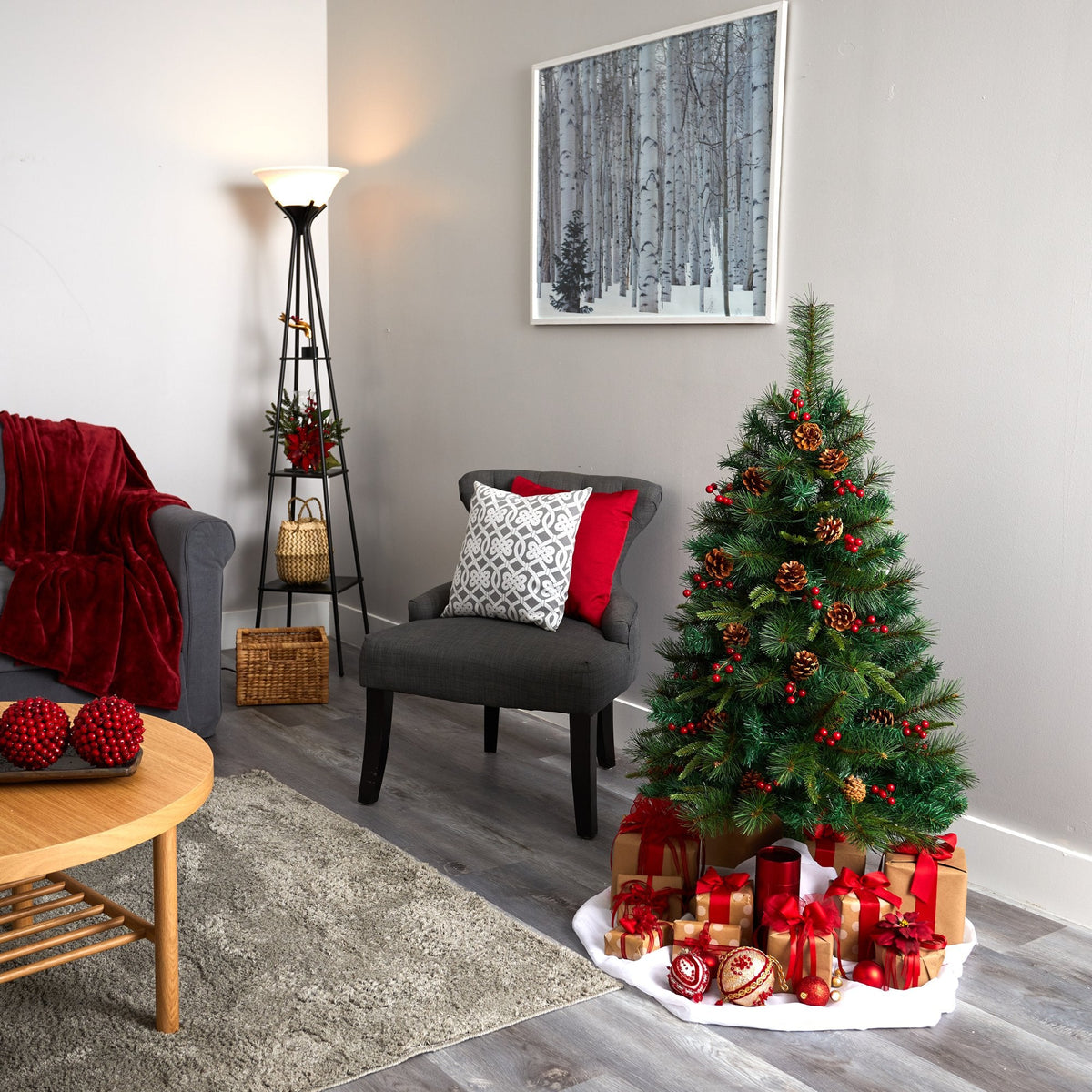 4-ft Mixed Pine Artificial Christmas Tree with 100 Clear LED Lights, red berries and pine cones on Tampa Home & Garden Store